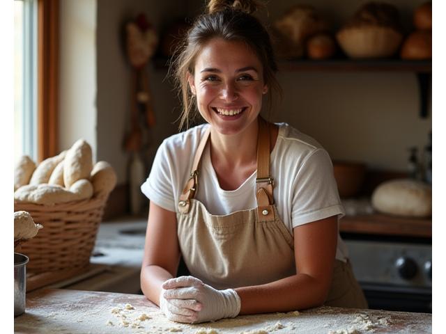 Image of Elara Vance, founder of Maple Hearth Cafe & Bakehouse, smiling while kneading dough in a cozy kitchen.