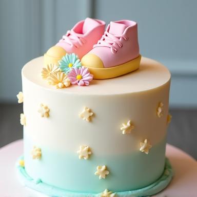 Delicate pastel baby shower cake with fondant decorations