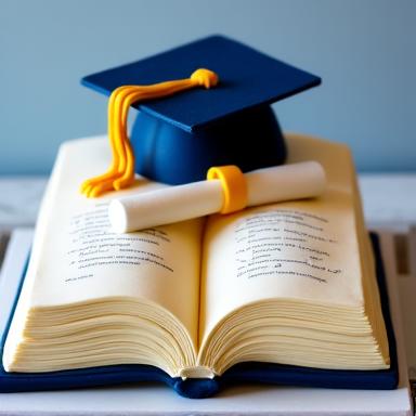 Graduation cake shaped like an open book with a cap