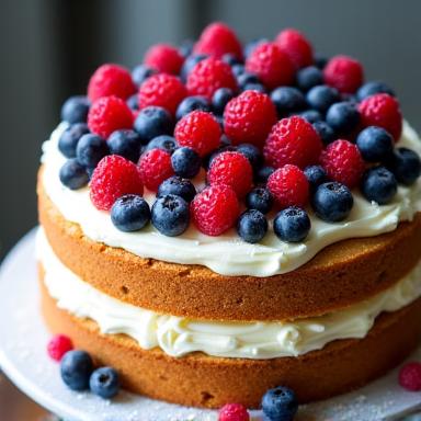 Rustic naked cake with fresh berries and cream, seasonal