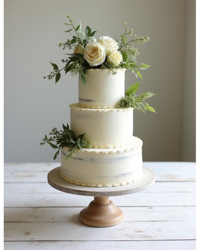 Elegant rustic wedding cake with flowers and berries