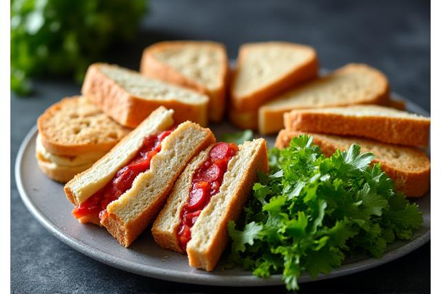 Gourmet sandwich and fresh salad platter laid out for catering